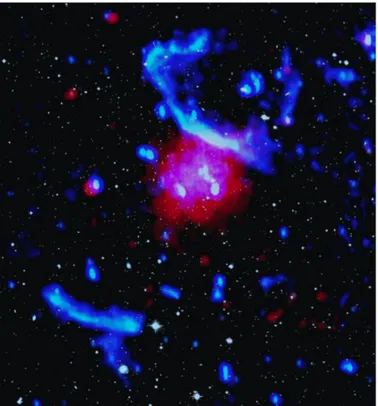 Figure 1.1: X-ray emission in red (XMM-Newton), radio emission at 323 MHz in blue (low resolution, beam FWHM ∼ 22 00 ×18 00 ) by Bonafede et al