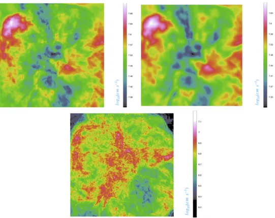 Figure 3.2: Maps of volume-weighted mean unsmoothed velocity field (on the top- top-left panel), smoothed velocity field (on the top-right panel) and turbulence velocity field (on bottom panel) for the cluster IT90_3 at z = 0.