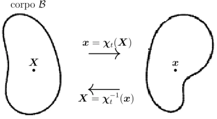 Figura 1.1: Un corpo in moto dalla propria configurazione di riferimento a quella al tempo t .