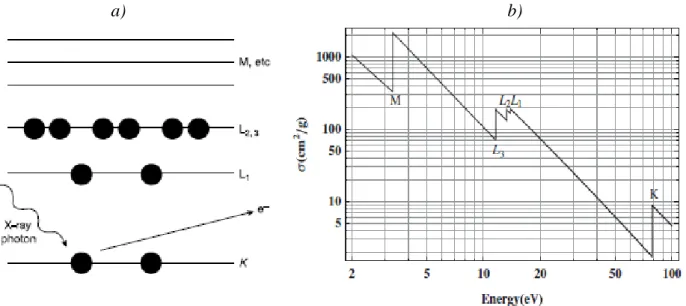 Fig. 13. a) Illustrazione schematica dell'assorbimento fotoelettrico. b) andamento del coefficiente di 