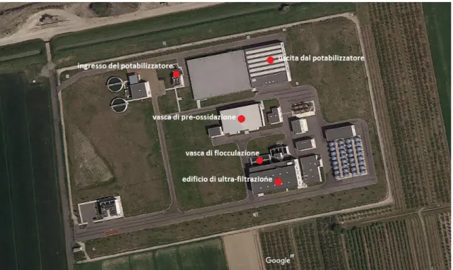 Figura 3.2 Planimetria del potabilizzatore della Standiana con indicati i punti di 