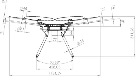 Figure 3.4: drone front view with landing gear, motors, ESC and battery dimensions