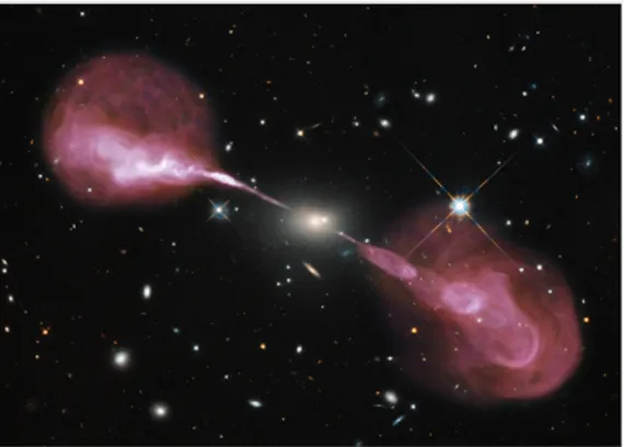 Figura 2.5: Immagine composta della ra- ra-diogalassia Hercules A. In bianco al  cen-tro vediamo la componente ottica di queste ellittica gigante