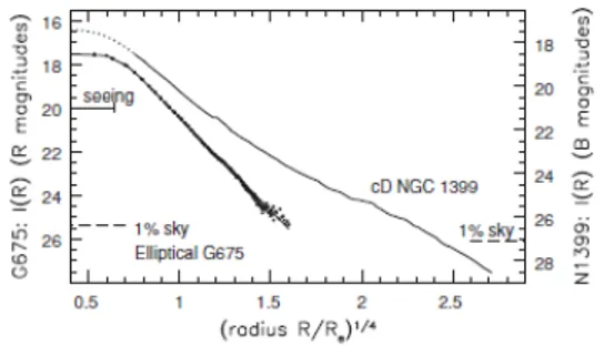 Figura 1.2: Profilo di brillanza di due ga- ga-lassie ellittiche: i punti mostrano la galassia G675, mentre la linea NGC 1399 una galassia cD; mostrano un profilo R 14 