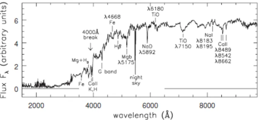 Figura 2.1: Spettro ottico di una galassie ellittica in funzione della lunghezza donda.