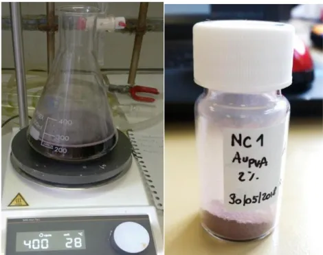 Figure 5: Typical purple colour of Au-PVA solution after NaBH 4  adding(left) 