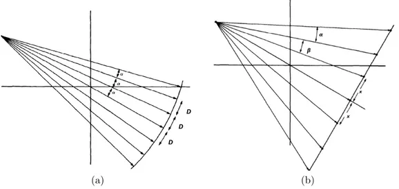 Figura 2.7: Rappresentazione schematica delle geometrie (a) equi-angolare e (b) equi-lineare [2].