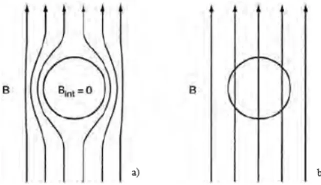 Fig 1.2: b) stato iniziale con T &gt; T C , il campo magnetico penetra all'interno del metallo
