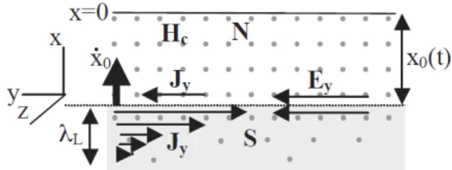Fig 2.6: Il conne di fase si sta muovendo verso l' alto con velocità ˙x 0 . Il campo magnetico è