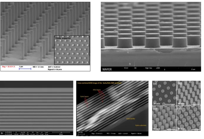 Figura 1.3: Immagini rilevate con il microscopio SEM:in alto a sinistra quantum wires,in alto a destra quantum dots,in basso a sinistra e al centro quantum wells e in basso a destra crescita di quantum wires