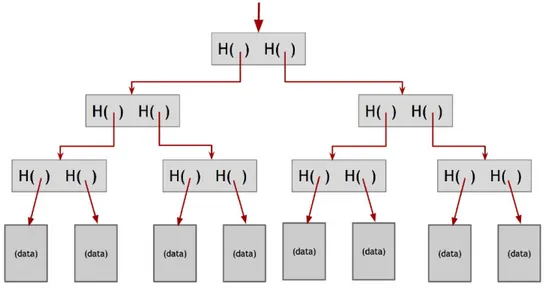 Figura 2.4: In un Merkle tree i blocchi sono raggruppati a coppie e gli hash di ogni blocco viene memorizzato nella struttura dati del livello successivo
