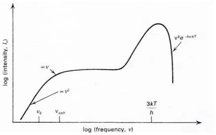 Figura 5.5: Spettro di un mezzo termico, non relativistico, nel quale la bremsstrahlung `e il processo dominante a bassa frequenza e in cui la Comptonizzazione modifica lo spettro ad alta frequenza, facendolo diventare uno spettro di Wien (Rybicki &amp; Li