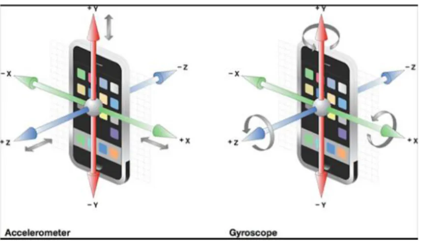 Figura 1.4: Direzione degli assi di giroscopio e accelerometro integrati nello smartphone