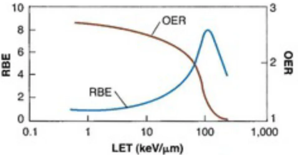 Figure 2.1: In this graph is reported the relationship between OER and LET, and between RBE and LET.