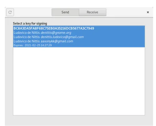 Figura 2.1: Pagina principale di GNOME-Keysign in cui è possibile scegliere la propria chiave da inviare.