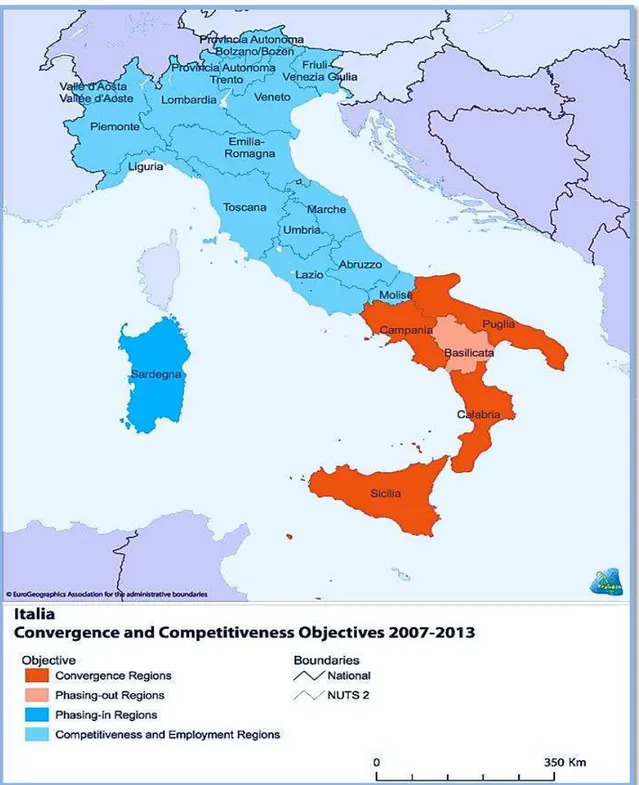 Fig. 2: Suddivisione degli obiettivi di Convergenza e Competitività per l’impiego dei fondi 2007-2013,  in Italia