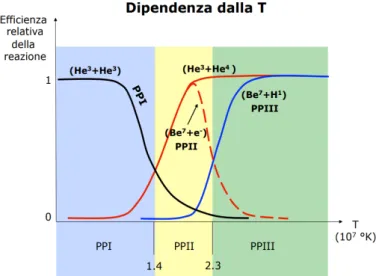 Figura 2.2: Efficienza delle varie catene protone-protone, in funzione della temperatura del nucleo