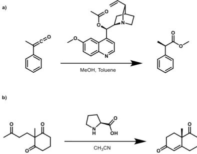 Figure 2: a) Acetyl-quinine catalysed addition of MeOH to a ketene. b) L-Proline catalysed Robinson  annulation