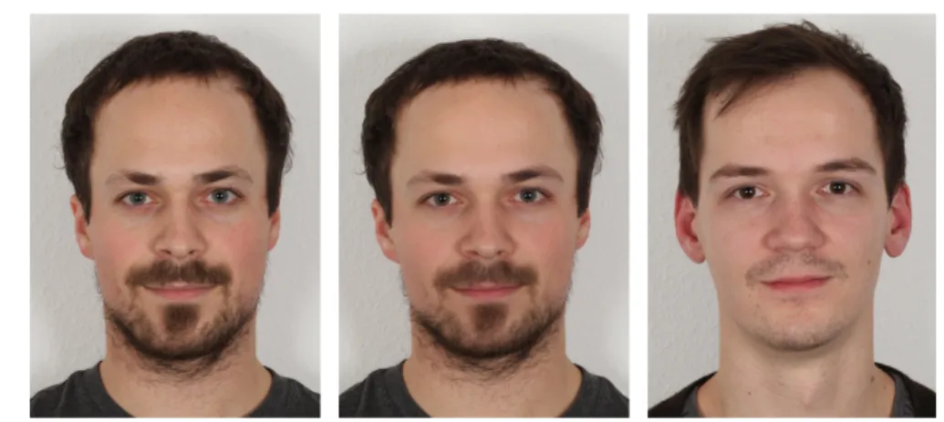 Figura 1.6: Le immagini pi` u esterne rappresentano immagini genuine del volto di due soggetti, mentre quella centrale rappresenta il risultato della procedura di face morphing.