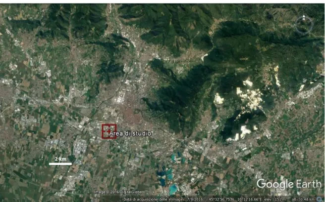 Figura 5. Foto satellitare del conoide bresciano creato dal Fiume Mella con ubicazione dell’area di studio                           (fonte: Google Earth)