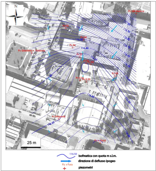 Figura 10. Mappa delle isofreatiche relativa a giugno 2014 con censimento dei pozzi e perimetrazione del SIN   (fonte: ARPA, 2015)