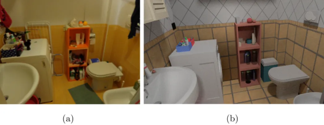 Figura 1.15: Confronto tra fotografia (a) e rendering (b) del bagno