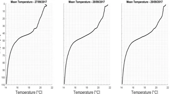Figura 3.3: Profili medi verticali di temperatura suddivisi in base alla giornata di campionamento.