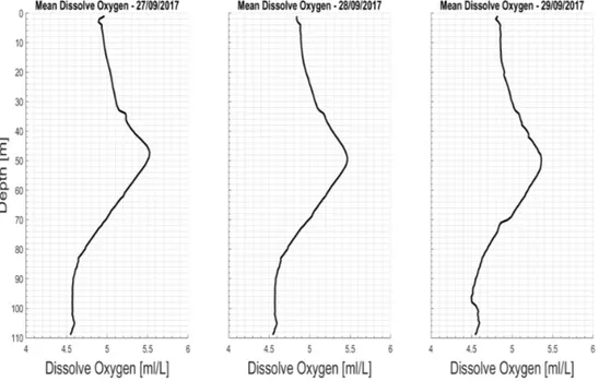 Figura 3.11: Profili medi verticali di ossigeno disciolto suddivisi in base alla giornata di campionamento.