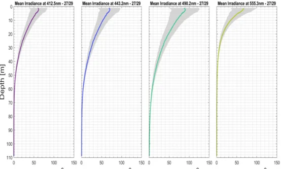 Figura 3.13: Profili medi verticali della radiazione elettromagnetica che penetra nell’oceano studiata in quattro diverse lunghezze d’onda.