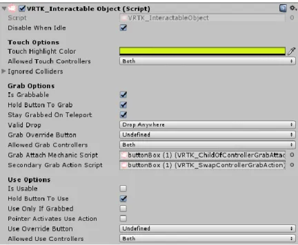 Figura 2.5 Opzioni presenti nella finestra inspector, dello script della libreria VRTK che abilita  l’interazione dell’oggetto a cui è assegnato.