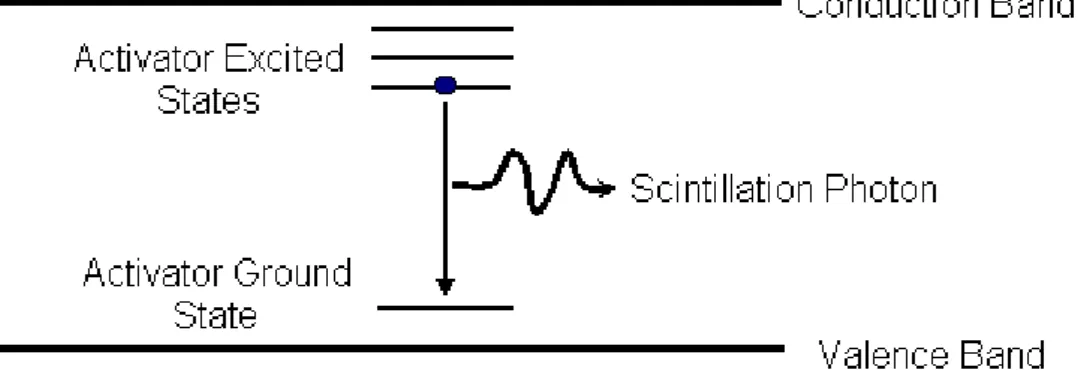 Figure 2.4: Scheme of the scintillation process in an inorganic scintillator, such as CsI(Tl) crystals.