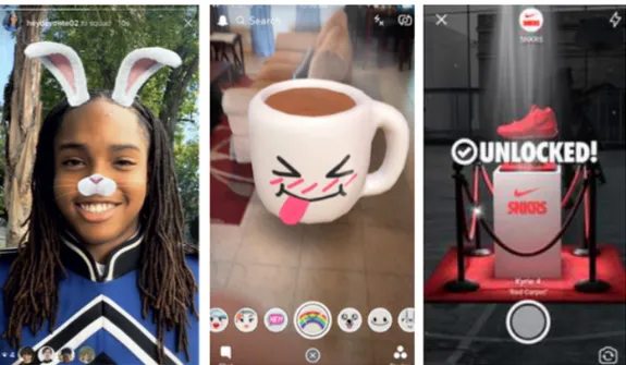 Figura 1.16: Realtà Aumentata applicata nei Social Network e nel marketing. Partendo da sinistra: Instagram [56], Snapchat [57] e Nike [58].