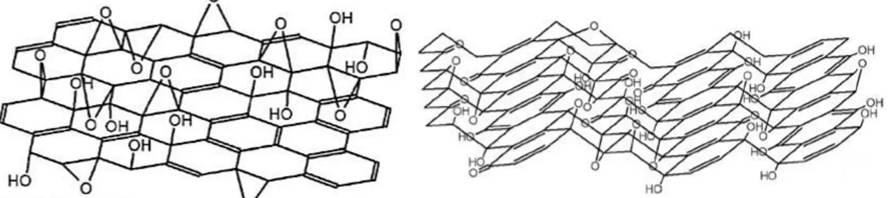 Figura 4: Modelli strutturali dell'ossido di grafene definiti da Lerf-Klinowski [15], a sinistra, e  Dekany [16], a destra
