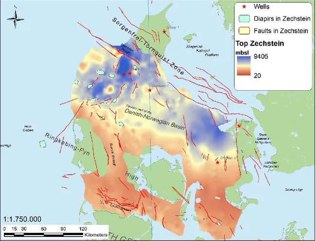 Figure 3.4: Extension and depth of the top of the Zechstein units, including main faults and salt diapirs that occur within  the surface (Coordinate System: ED50/UTM Zone 32)