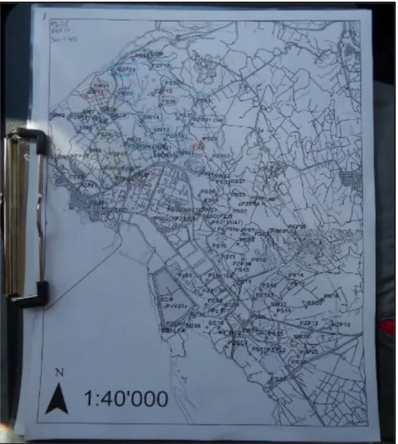 Figura 25: Esempio della carta usate durante il rilevamento. Carta topografica in scala 1:40'000 con  l’ubicazione dei piezometri.