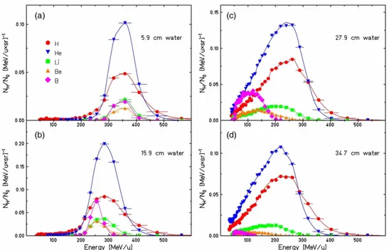 Figure 1.15: Energy spectrum of secondary particles produced in the fragmentation of a 12 C beam at 400 MeV/u in a