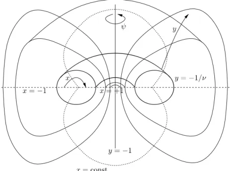 Figure 2.2: We show here the meaning of the BR coordinates (x, y) , by considering a spatial section of the spacetime while keeping φ constant [26]