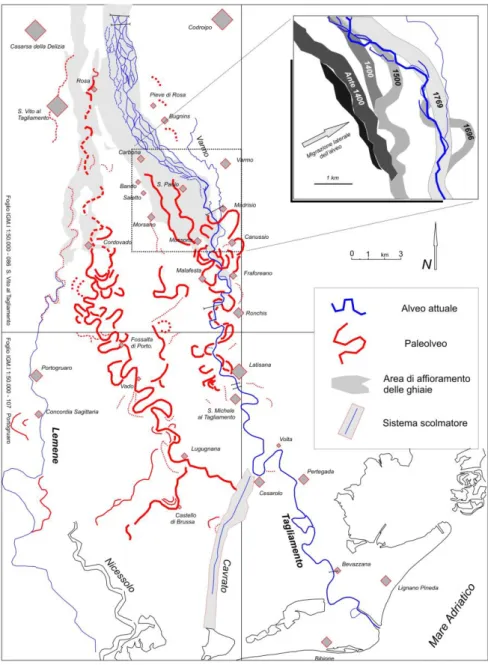 Figura  7-  Alveo  attuale  del  Tagliamento  da  Casarsa  al  mare  e  relative tracce dei paleoalvei derivate da 