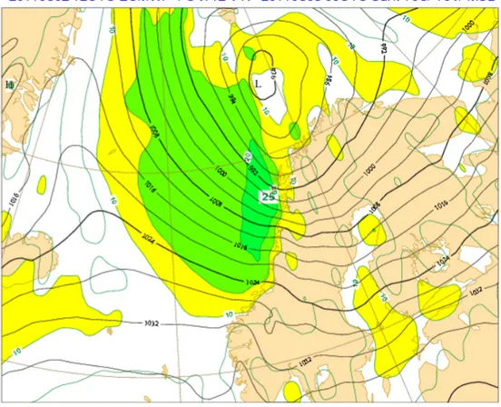 Figure 3.2: MSLP and 10 m wind forecast from 2 March 2011 12 UTC +12h. The 10 m winds are unrealistically weak over the rugged Norwegian mountains