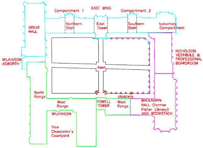 Figure 4.2. Main Quadrangle complex (HBO+EMTB Heritage Pty Ltd 2009)  The building is composed of the following macro-elements: 