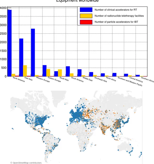 Figure 1.2: Number of RT centres worldwide divided by equipment type (top). Location of RT centres in the world (bottom).