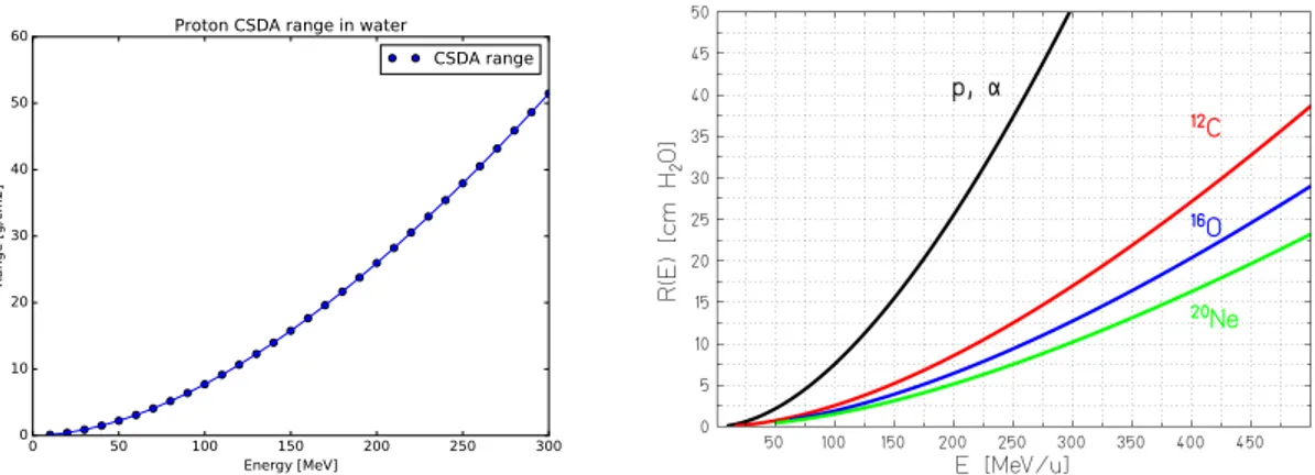 Figure 1.6: CSDA range of protons in water from PSTAR tables [12] (left). Mean range of heavy ions in water (right).
