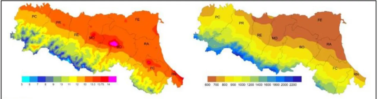 Figura 5. Temperature e precipitazioni medie per il periodo 1961 - 2015 per la Regione Emilia – Romagna  (Arpae Emilia – Romagna)