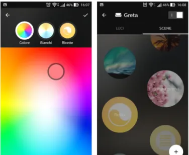 Figura 4.2: Android App - Regolazione del colore e della luminosità e impostazione delle scene