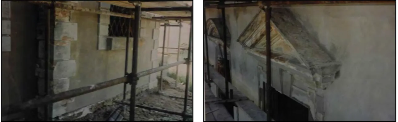 Figura 93-94: Foto dei lavori di ripristino delle decorazioni rovinate nei prospetti 
