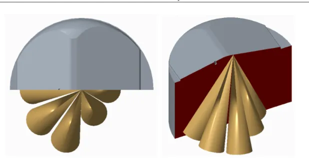 Figura 2.4: Spray pattern: a sinistra vista dall’alto, a destra vista isometrica