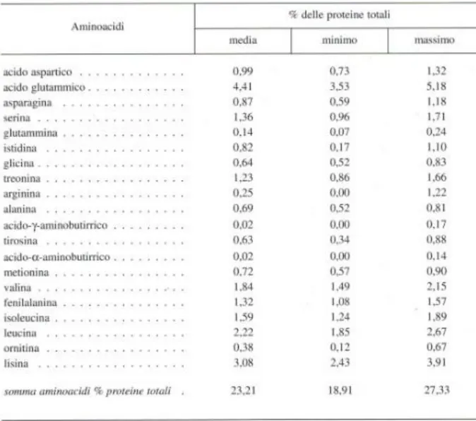 Tabell a  1:  Composi zion e  percentu ale  i n  aminoacid i  liberi  riferi ta  al le  p rotein e  totali  di gran a parmigi ano -reggiano s tagionato (B ottazzi V., 1993)  