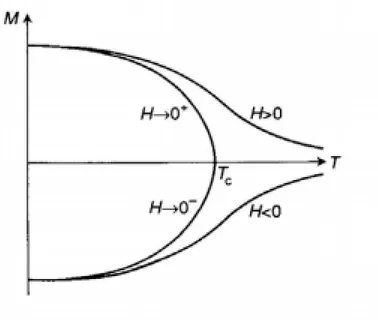 Figura 2.2: Magnetizzazione in funzione della temperatura [20]. Il grafico mostra la presenza di magnetizzazione anche nella condizione H = 0, per T ≤ T c 