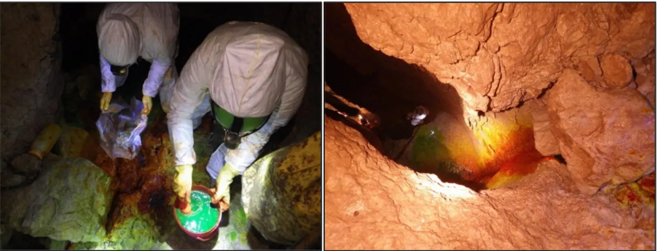 Figura 13. Iniezione da parte degli speleologi di Fluoresceina nella grotta “Bus della Genziana” in data  28 maggio 2016