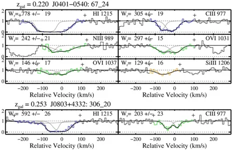 Figure 2.3: Velocity plots of the observed species observed in absorption in the sightlines J0401-0540, galaxy 67_24 and J0803+4332, galaxy 306_20, centered on the absorption lines included in the analysis